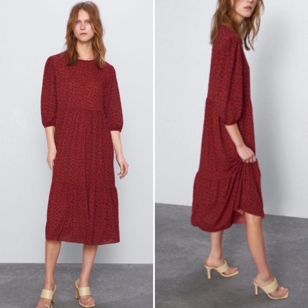 zara | prairie floral midi dress tiered red black m